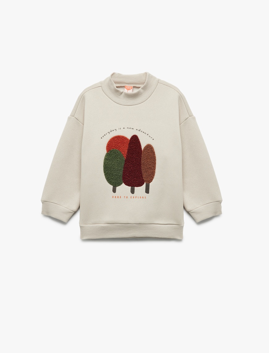  Erkek Bebek Nakışlı Uzun Kollu Şardonlu Dik Yaka Sweatshirt
