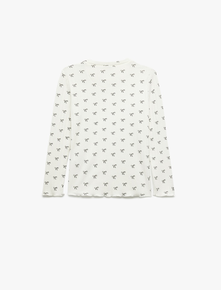 Kız Çocuk Kaşkorse Yumuşak Dokulu Uzun Kollu Bisiklet Yaka Fiyonk Baskılı Tişört