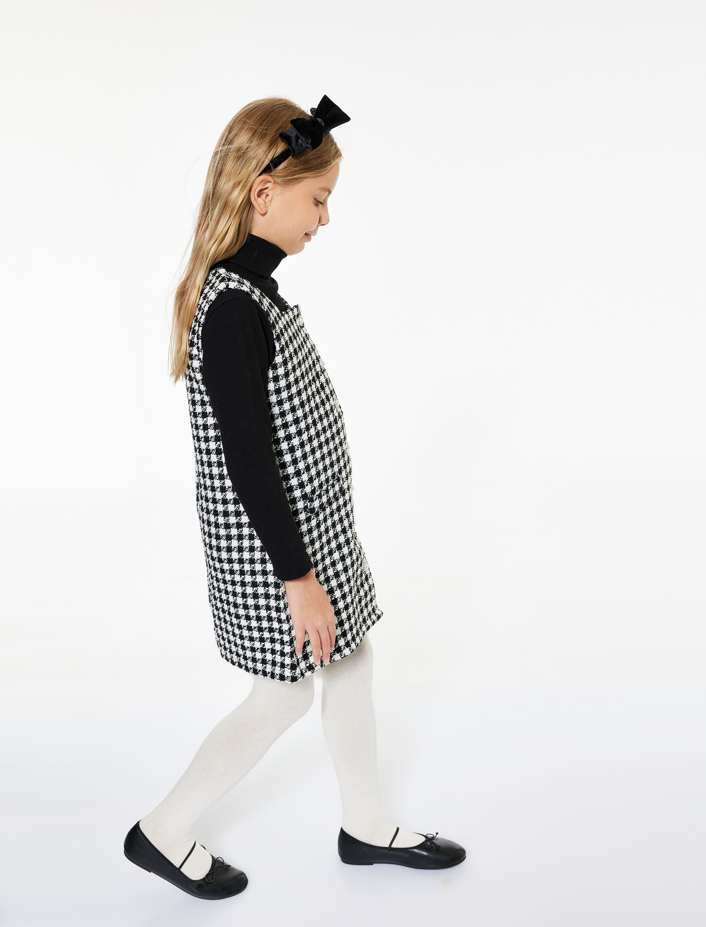  Kız Çocuk Rahat Kesim Kolsuz Kare Yaka Düğmeli Kareli Tüvit Elbise