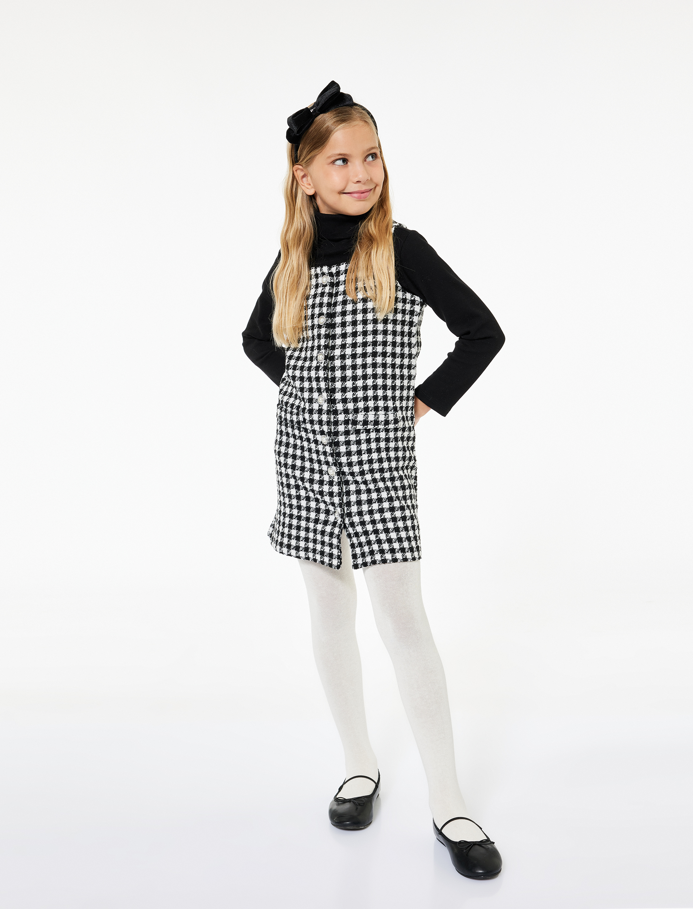  Kız Çocuk Rahat Kesim Kolsuz Kare Yaka Düğmeli Kareli Tüvit Elbise