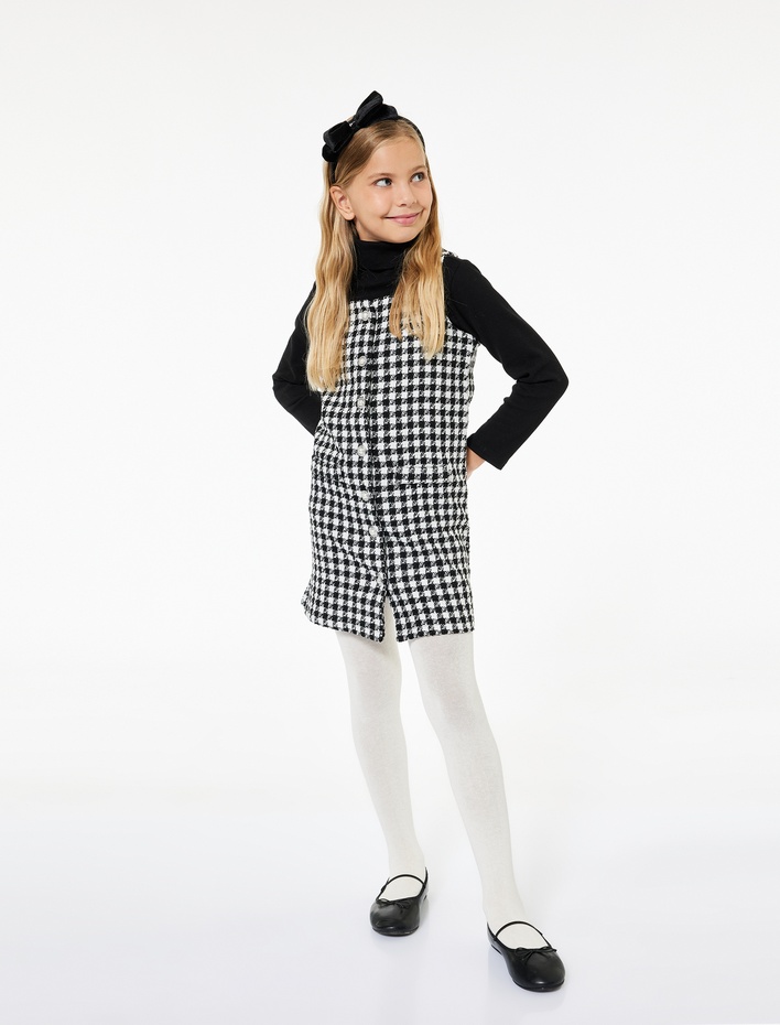 Kız Çocuk Rahat Kesim Kolsuz Kare Yaka Düğmeli Kareli Tüvit Elbise