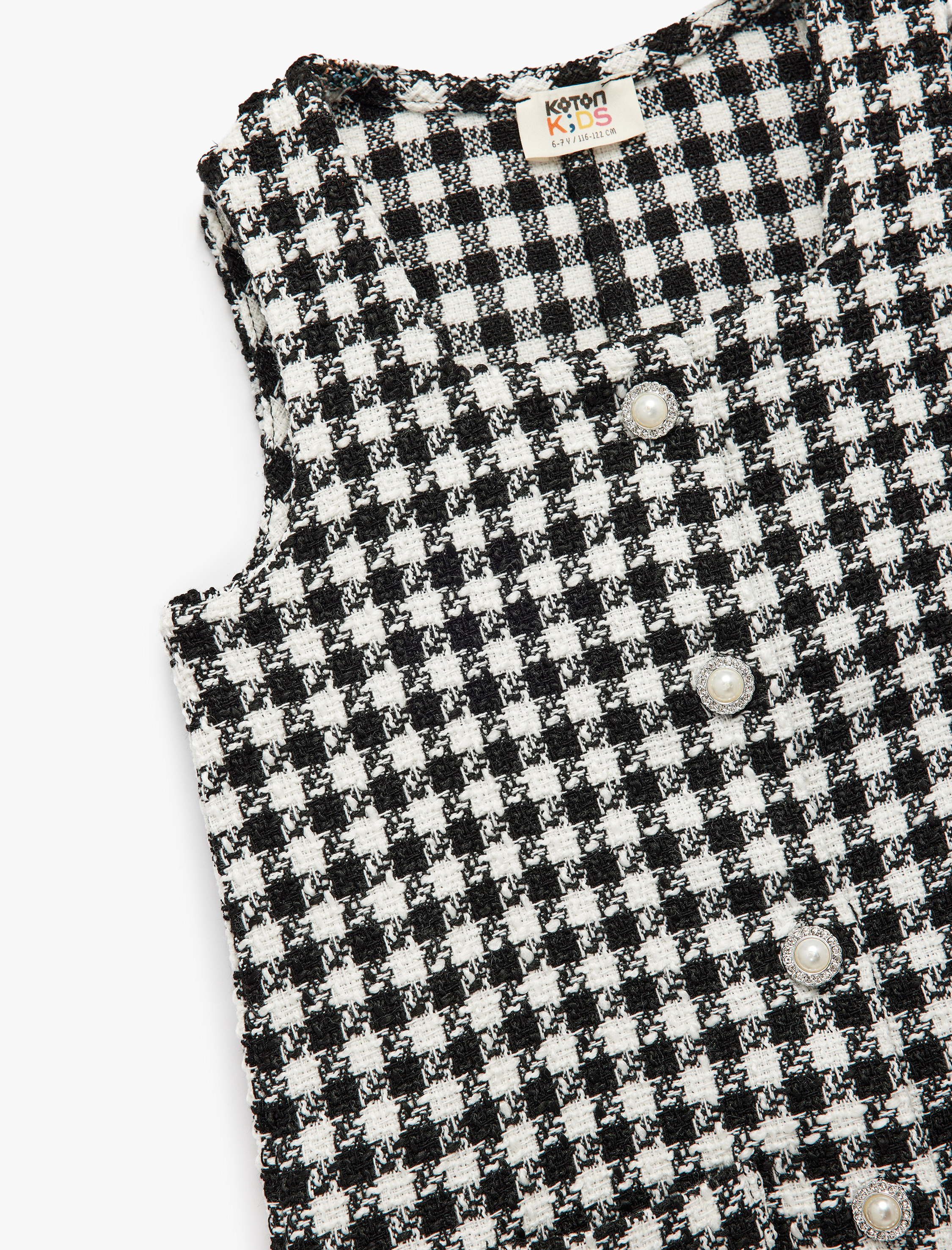  Kız Çocuk Rahat Kesim Kolsuz Kare Yaka Düğmeli Kareli Tüvit Elbise