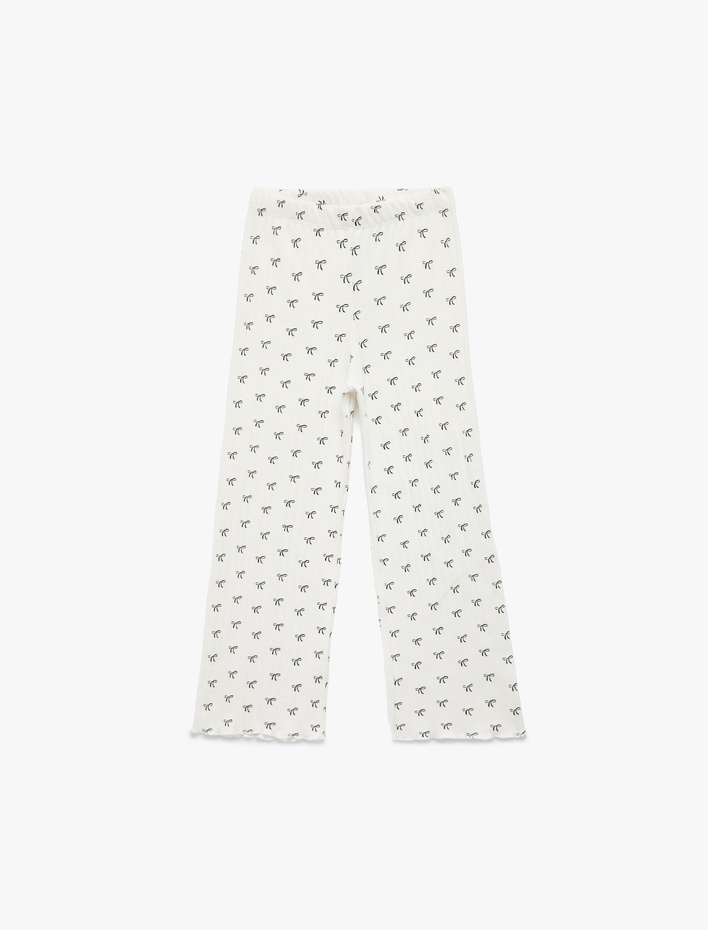 Kız Çocuk Kaşkorse Viskon Karışımlı Beli Lastikli Fiyonk Baskılı Geniş Paça Pantolon