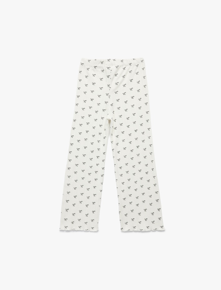 Kız Çocuk Kaşkorse Viskon Karışımlı Beli Lastikli Fiyonk Baskılı Geniş Paça Pantolon
