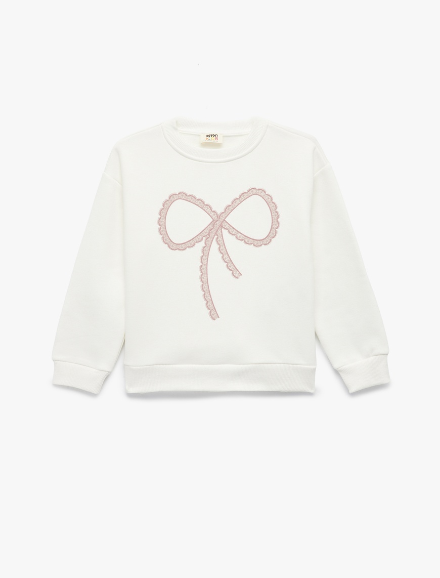  Kız Çocuk Uzun Kollu Bisiklet Yaka Şardonlu Fiyonk Baskılı Sweatshirt