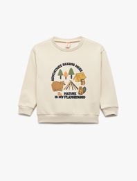 Uzun Kollu Şardonlu Bisiklet Yaka Baskılı Sweatshirt