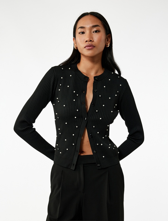  Düğmeli Uzun Kollu Bisiklet Yaka Taşlı Triko Hırka