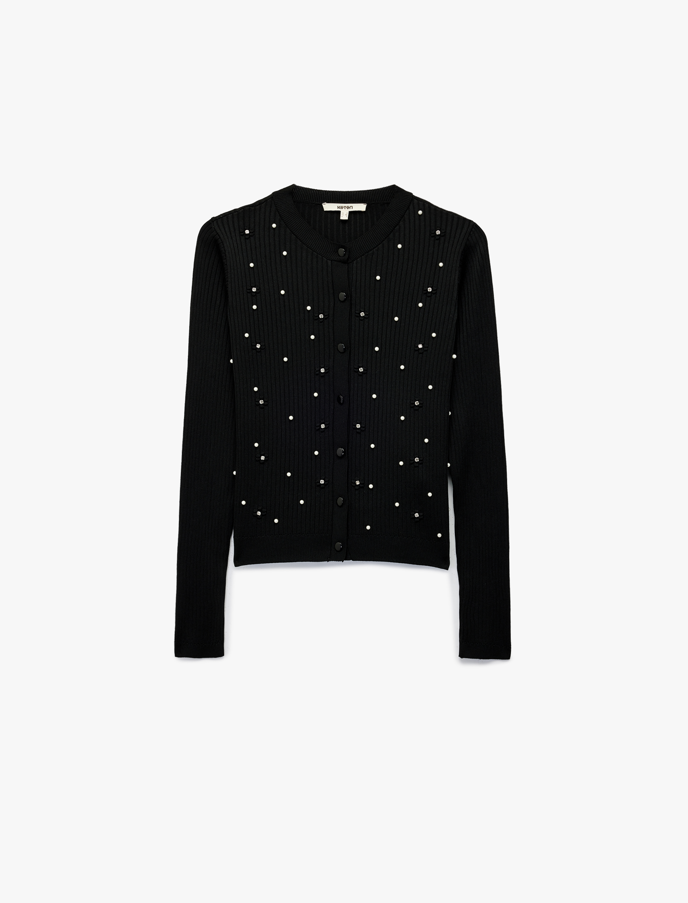   Düğmeli Uzun Kollu Bisiklet Yaka Taşlı Triko Hırka