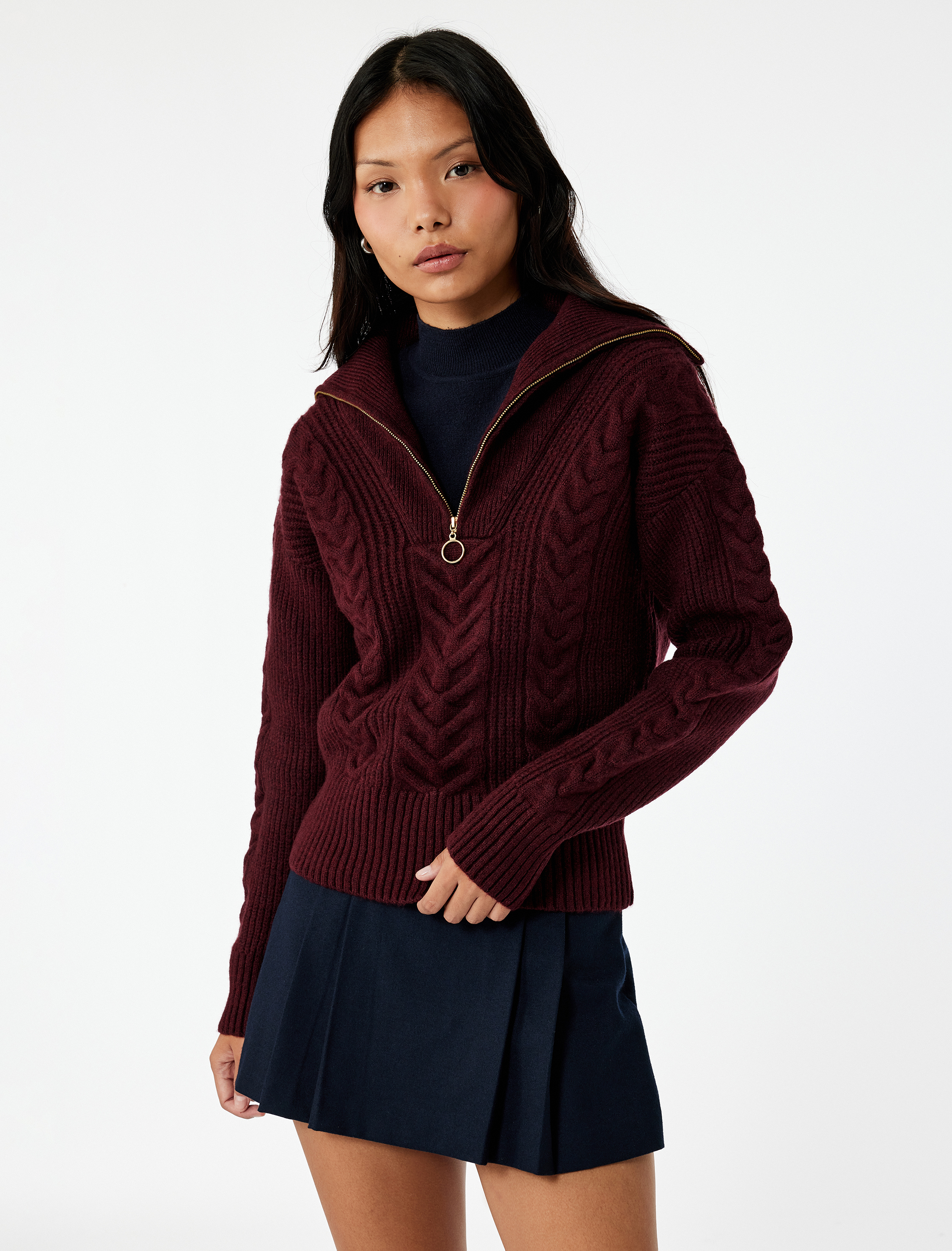   Saç Örgü Dokulu Yarım Fermuarlı Yaka Uzun Kollu Triko Kazak