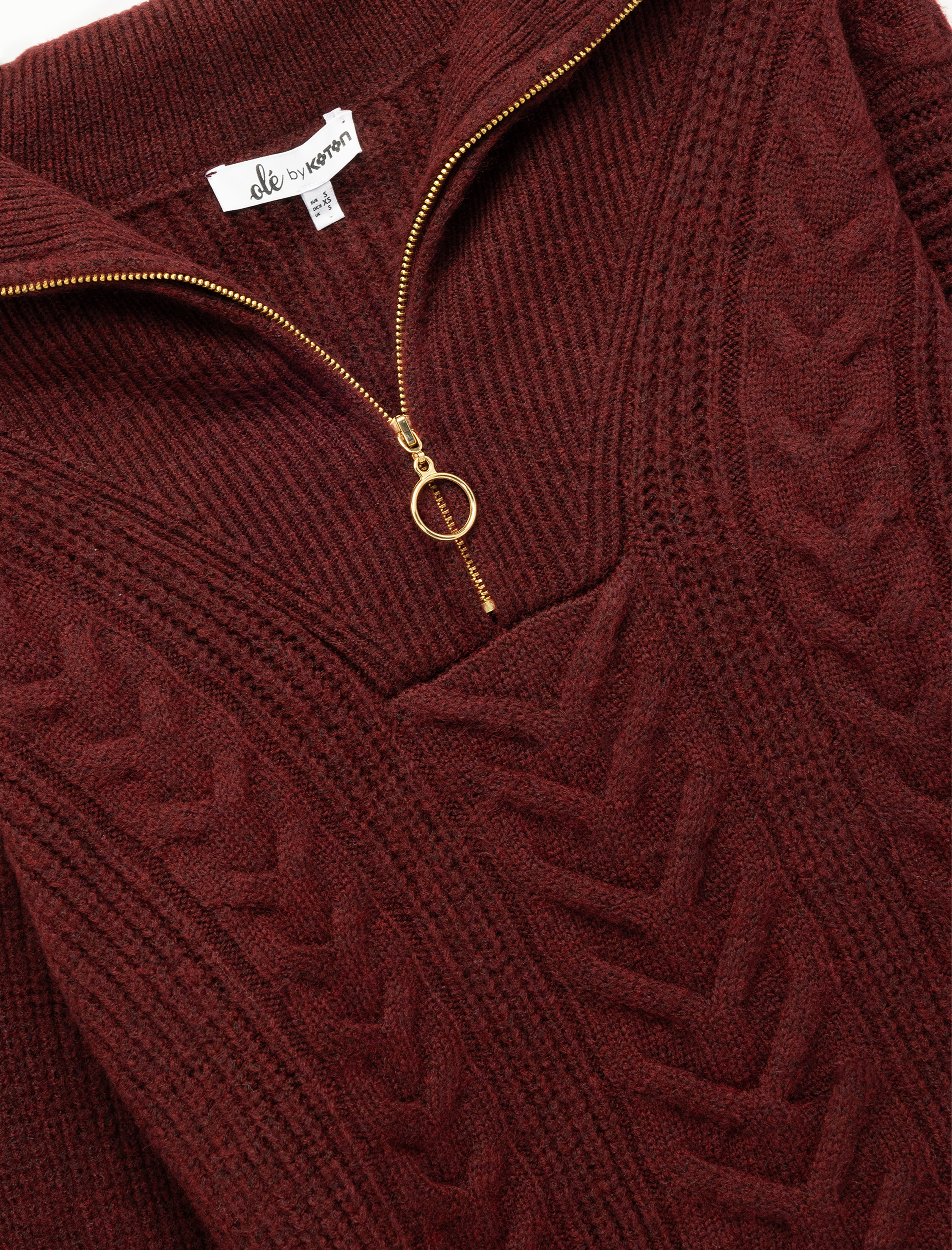   Saç Örgü Dokulu Yarım Fermuarlı Yaka Uzun Kollu Triko Kazak