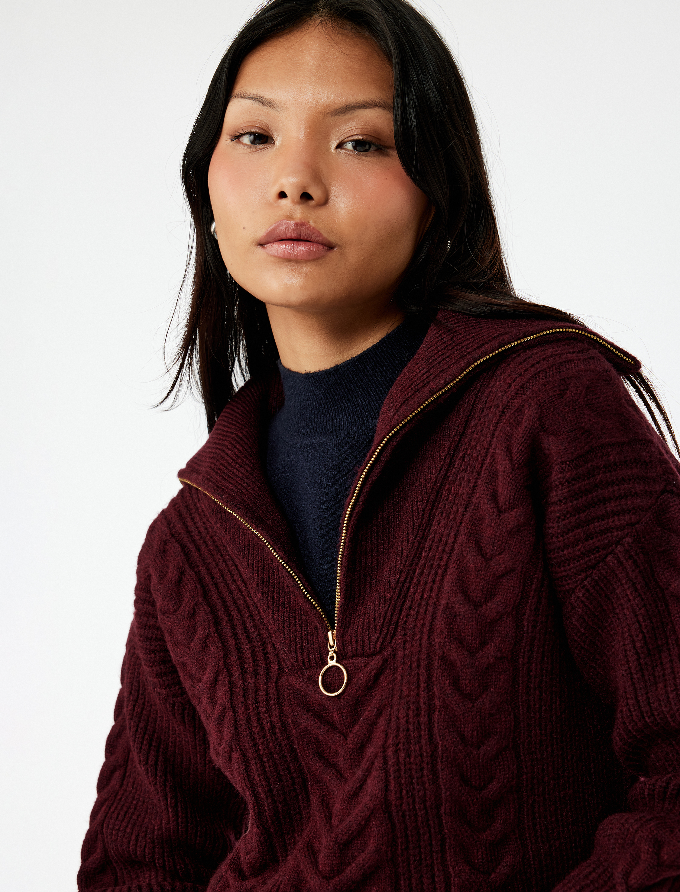   Saç Örgü Dokulu Yarım Fermuarlı Yaka Uzun Kollu Triko Kazak