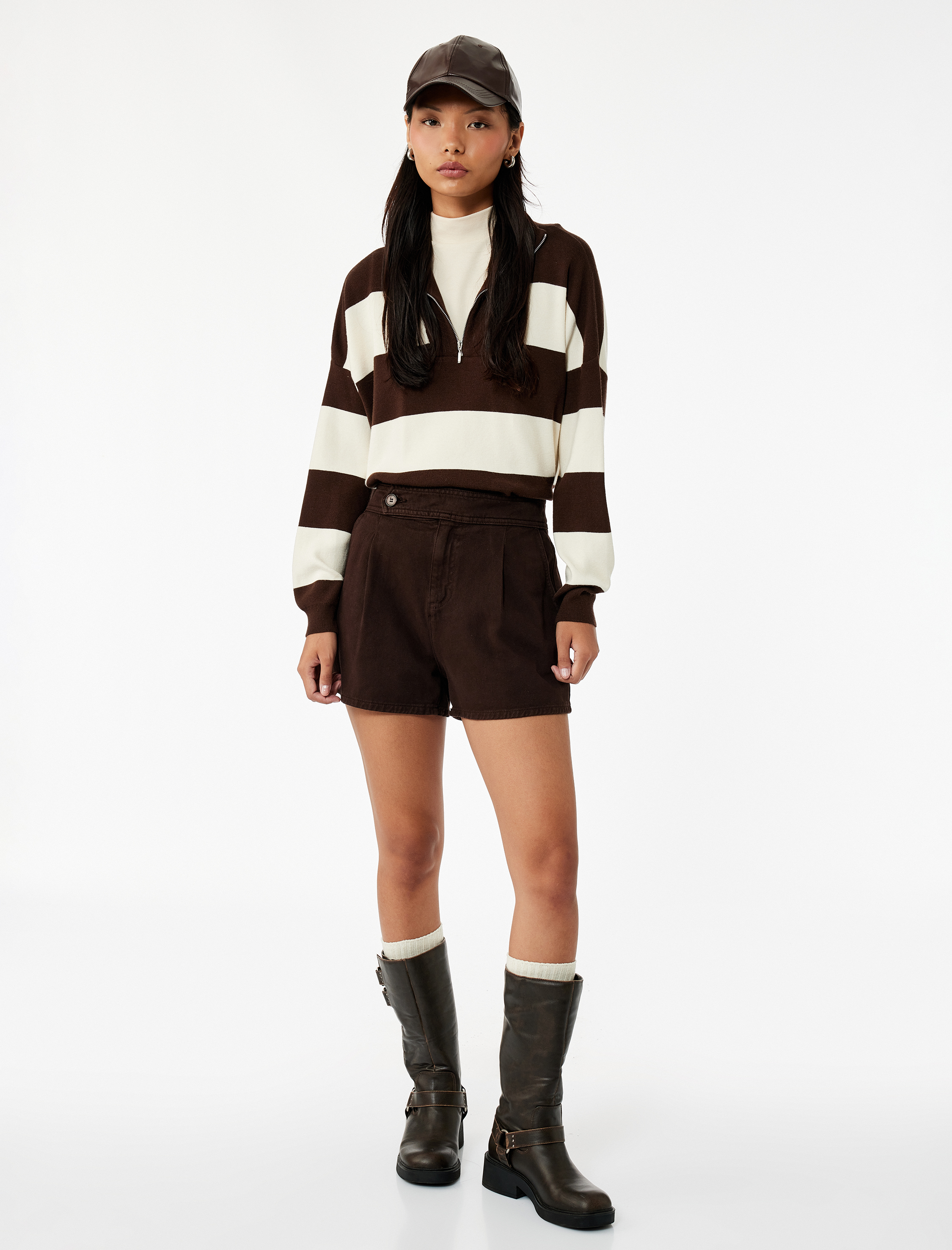   Viskon Karışımlı Renk Bloklu Uzun Kollu Yarım Fermuarlı Triko Kazak