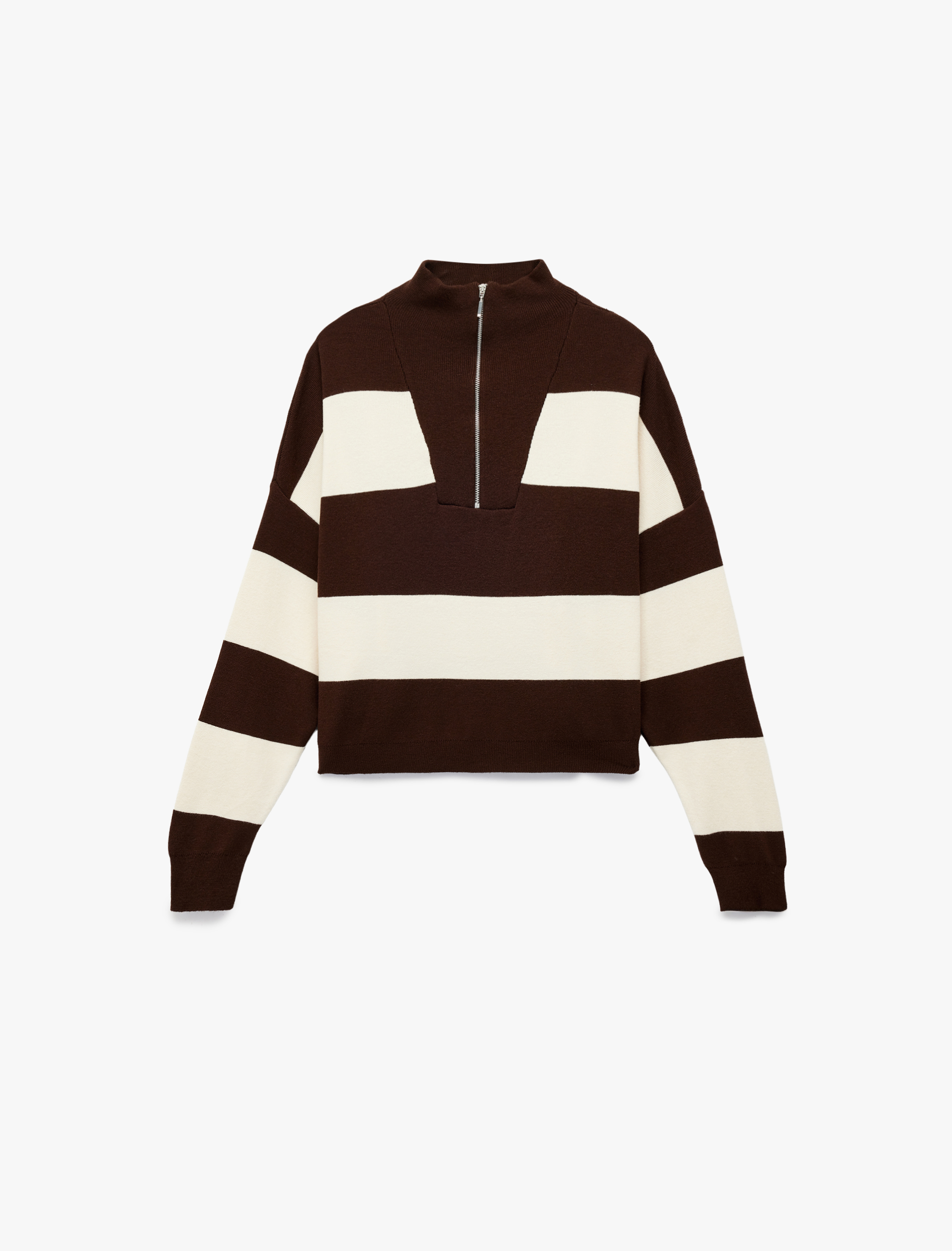   Viskon Karışımlı Renk Bloklu Uzun Kollu Yarım Fermuarlı Triko Kazak