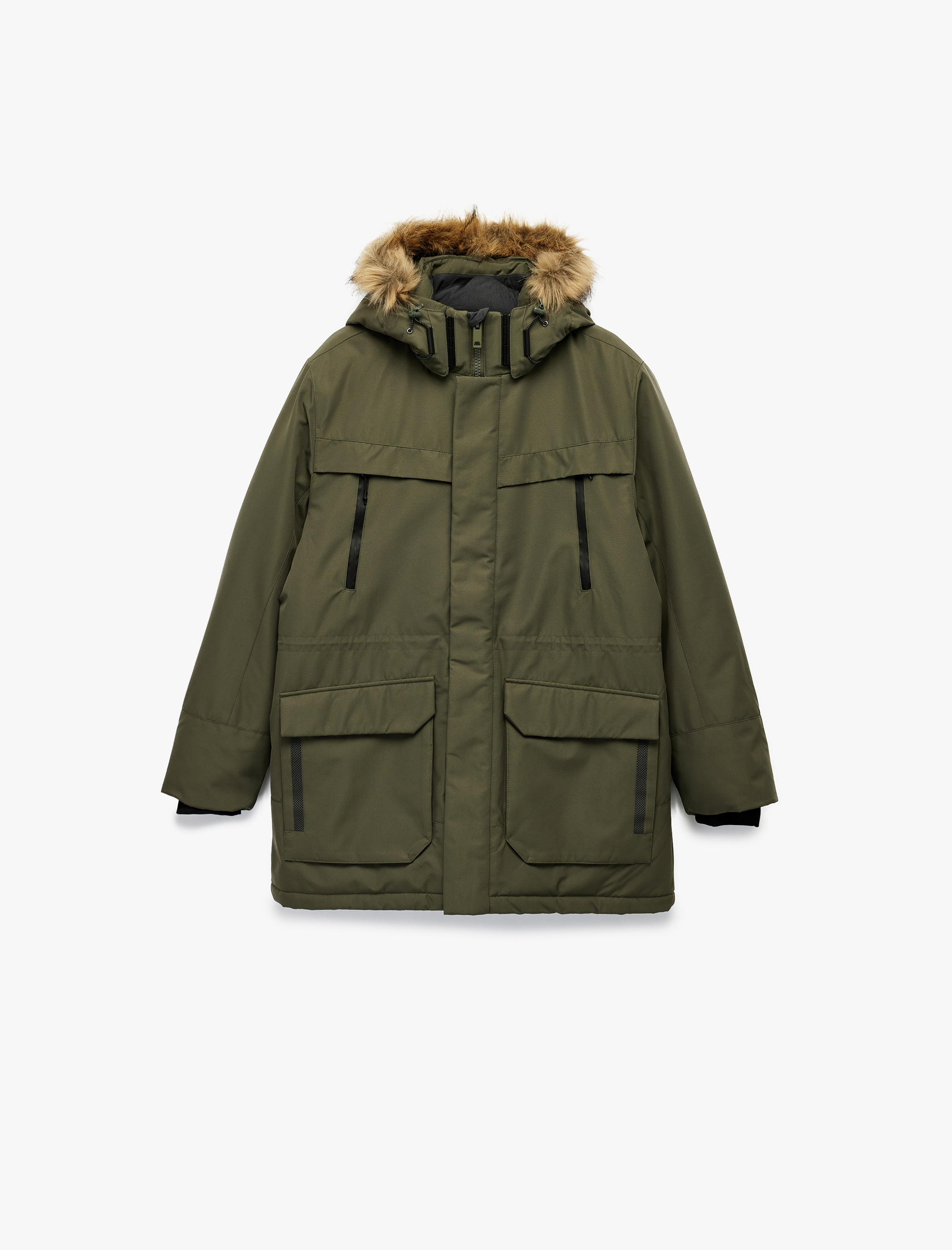   Uzun Kollu Kapaklı Cepli Fermuarlı Suni Kürklü Kapşonlu Parka