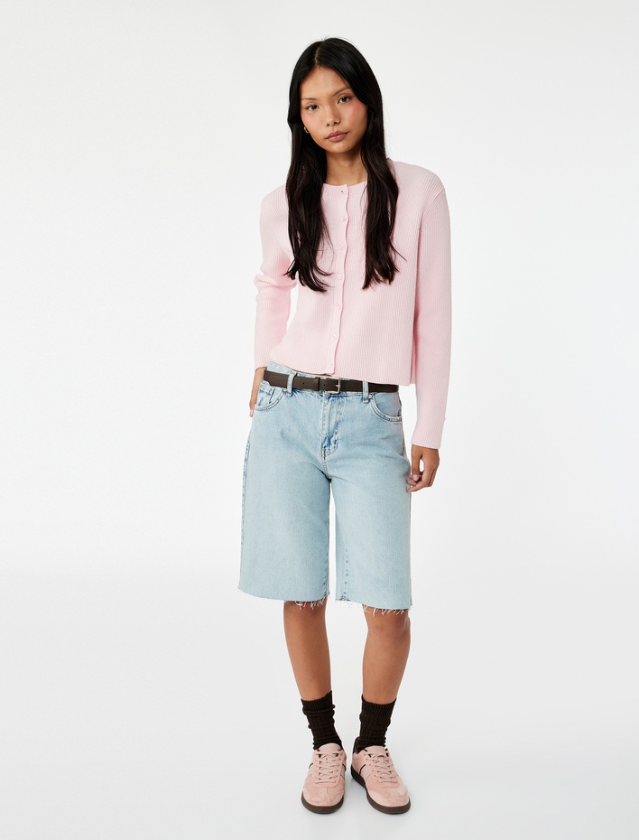  Düğmeli Uzun Kollu Bisiklet Yaka Triko Hırka