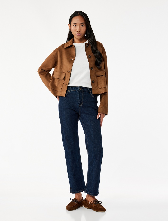  Slim Fit Düz Paça Düğmeli Pamuklu Jean Pantolon - Straight Jeans