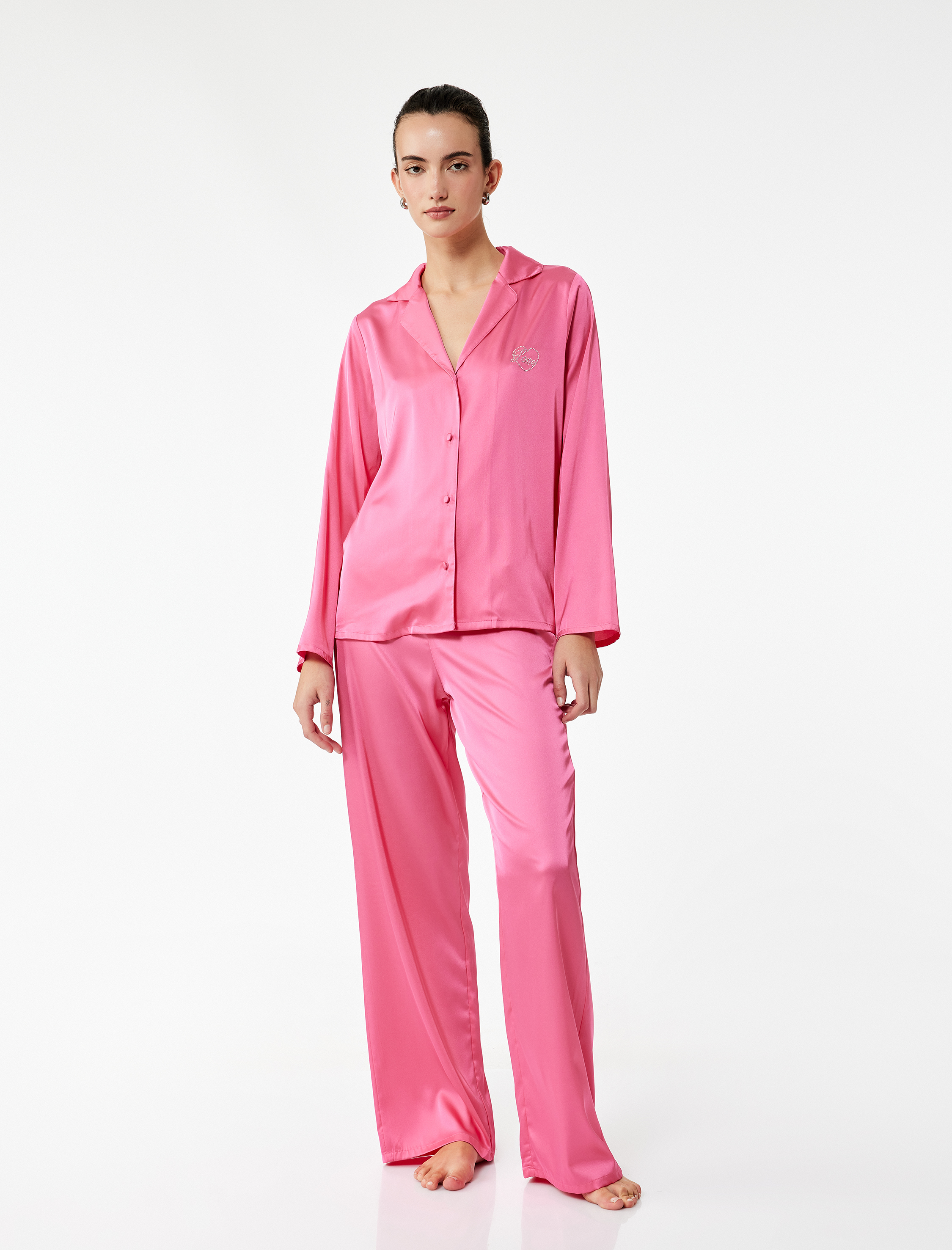   Uzun Rahat Kalıp Kalpli Saten Pijama Altı