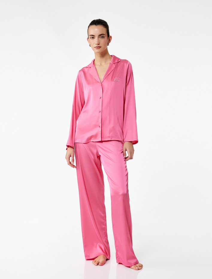  Uzun Rahat Kalıp Kalpli Saten Pijama Altı