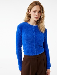 Uzun Kollu Bisiklet Yaka Düğmeli Peluş Triko Hırka