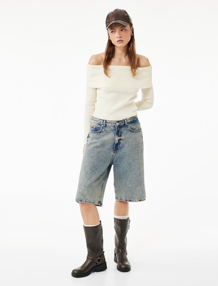  Uzun Kollu Slim Fit Omzu Açık Fitilli Triko Kazak