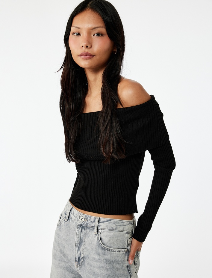  Uzun Kollu Slim Fit Omzu Açık Fitilli Triko Kazak