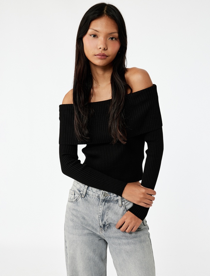  Uzun Kollu Slim Fit Omzu Açık Fitilli Triko Kazak