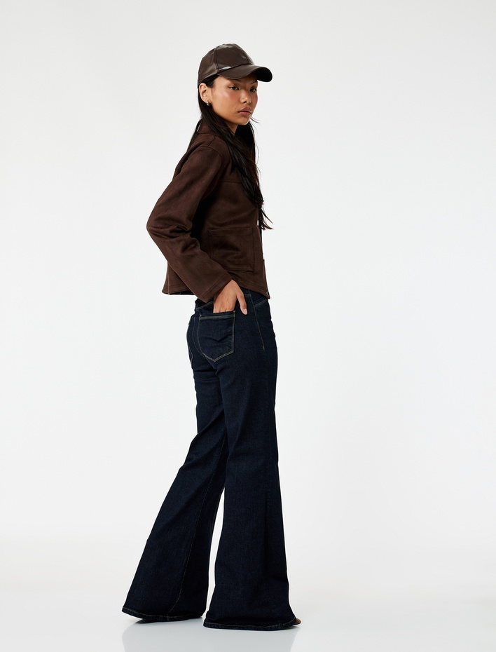  Nervürlü Yüksek Bel Dar Kesim İspanyol Paça Jean Pantolon - Flare Jeans