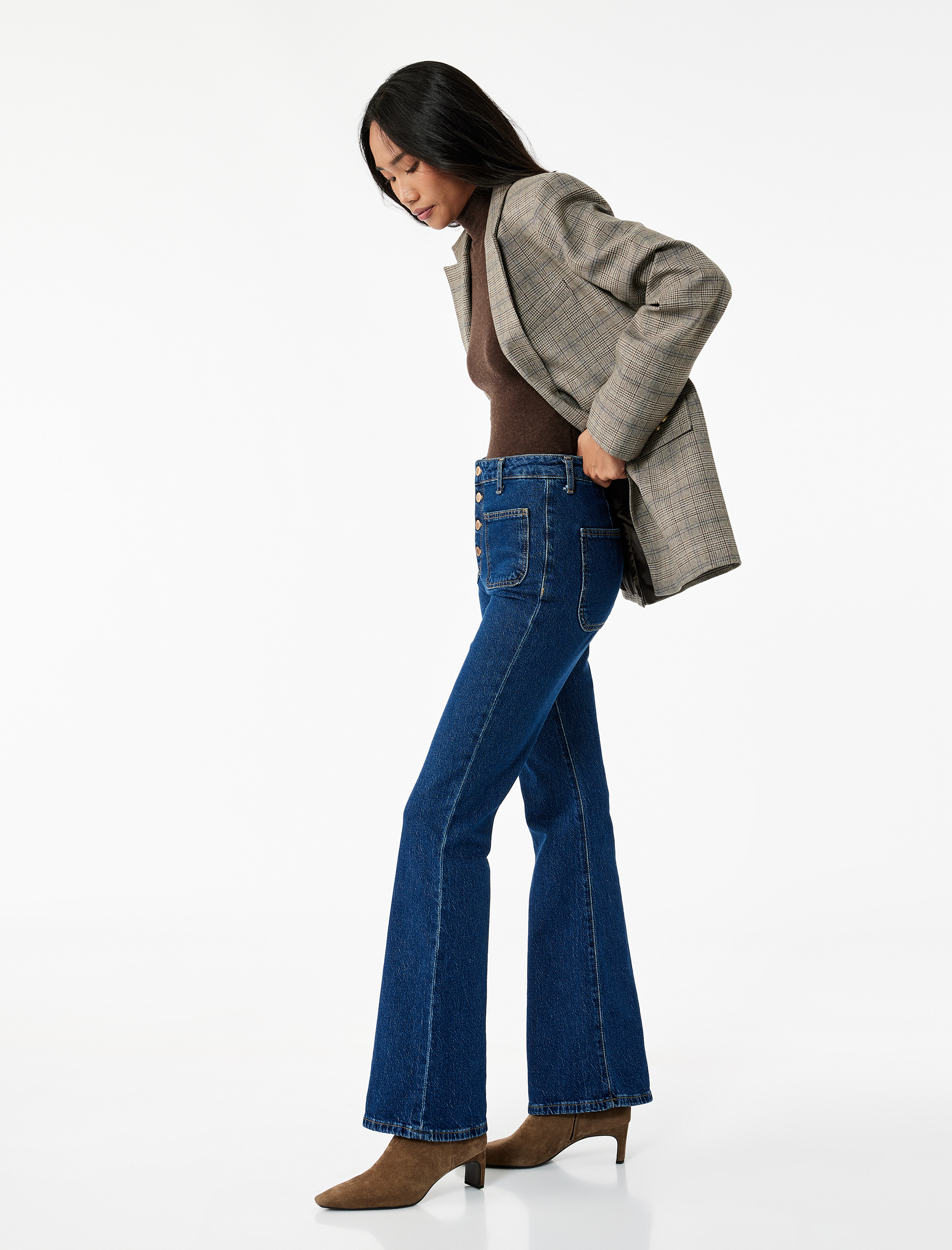   Yüksek Bel Düğmeli Dar Kesim Cep Detaylı Pamuklu İspanyol Paça Jean Pantolon - Flare Jeans