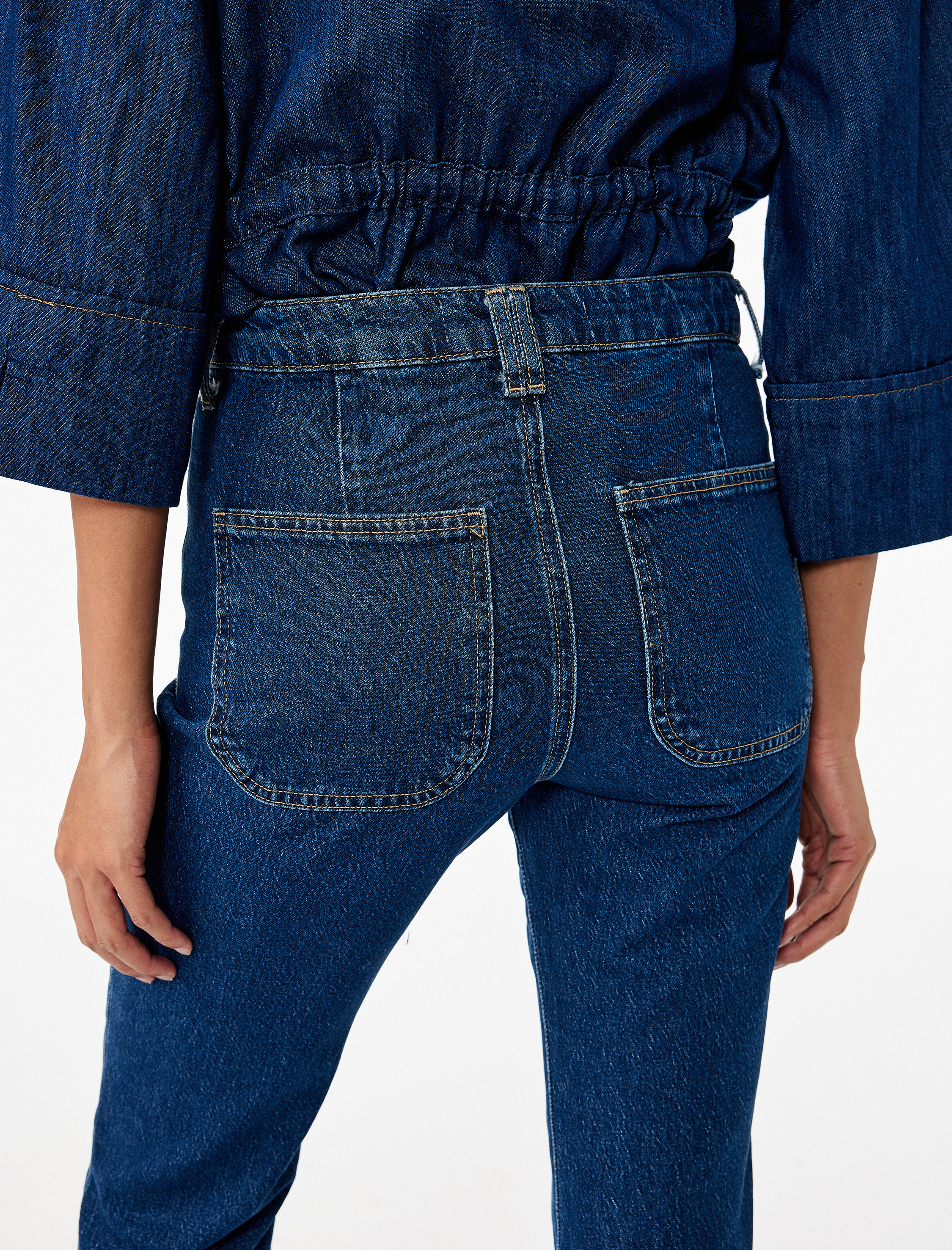   Yüksek Bel Düğmeli Dar Kesim Cep Detaylı Pamuklu İspanyol Paça Jean Pantolon - Flare Jeans