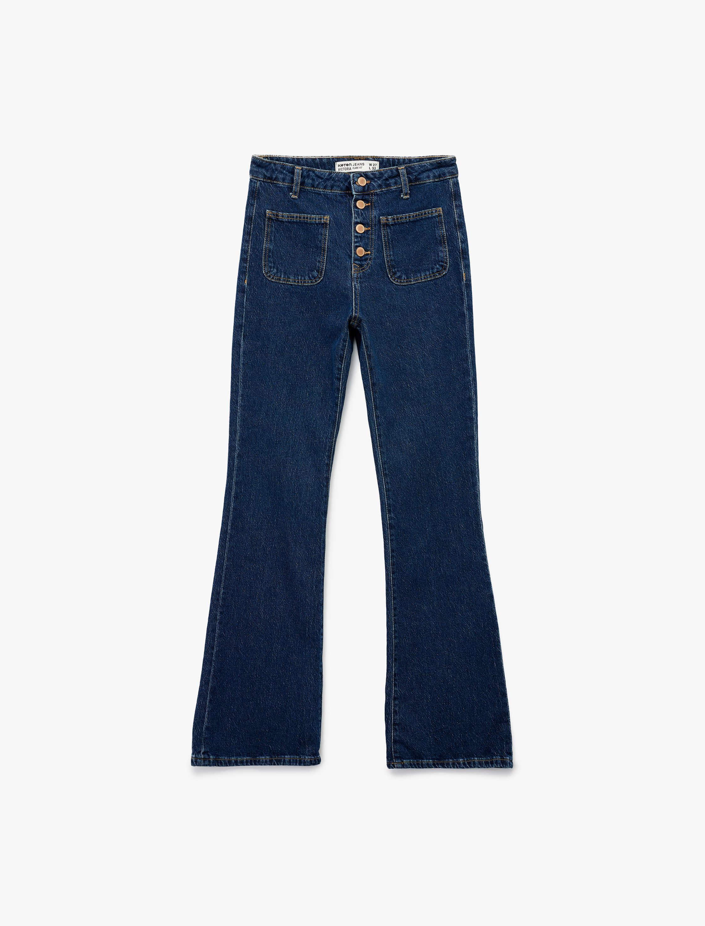   Yüksek Bel Düğmeli Dar Kesim Cep Detaylı Pamuklu İspanyol Paça Jean Pantolon - Flare Jeans