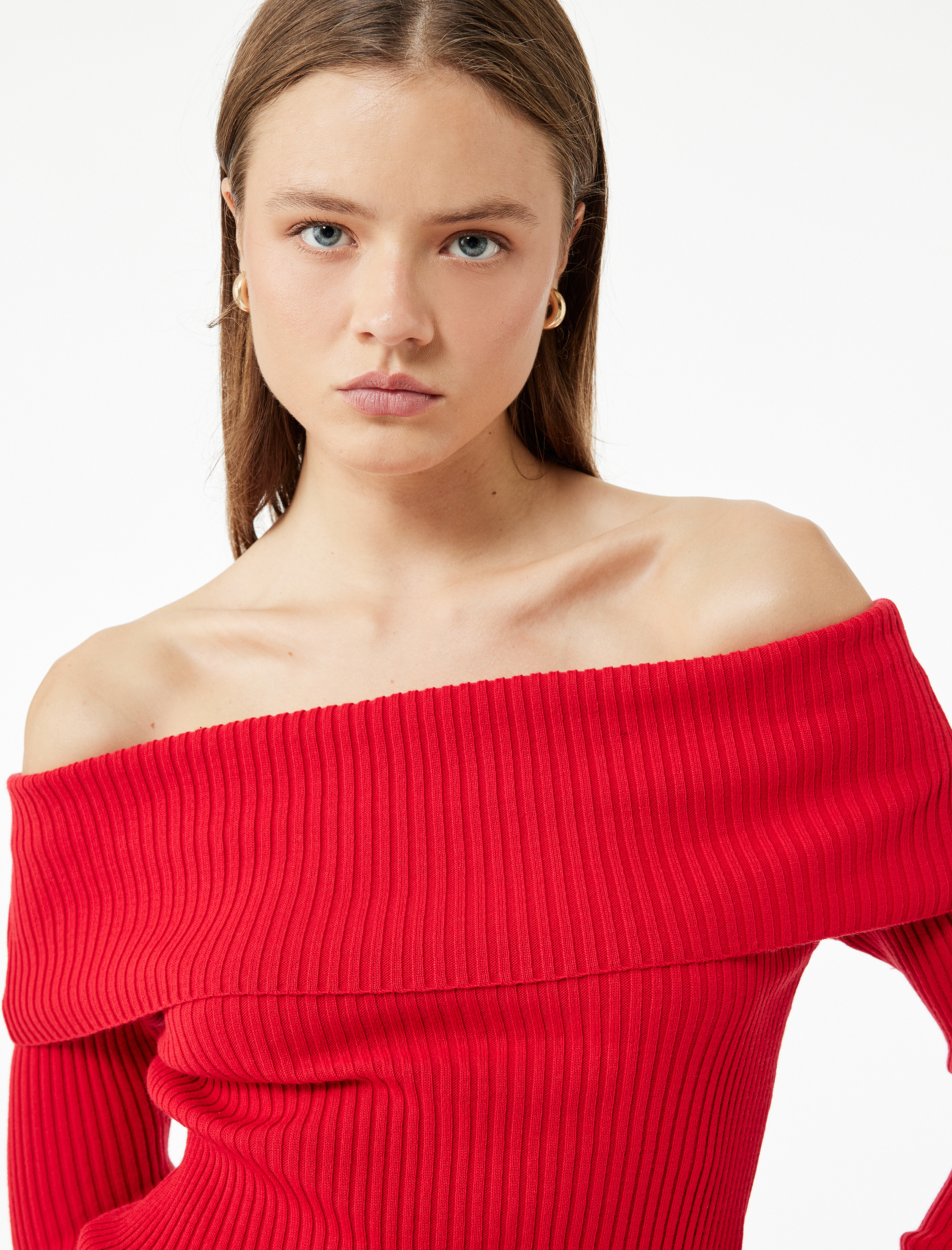   Uzun Kollu Slim Fit Omzu Açık Fitilli Triko Kazak