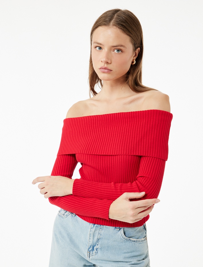  Uzun Kollu Slim Fit Omzu Açık Fitilli Triko Kazak