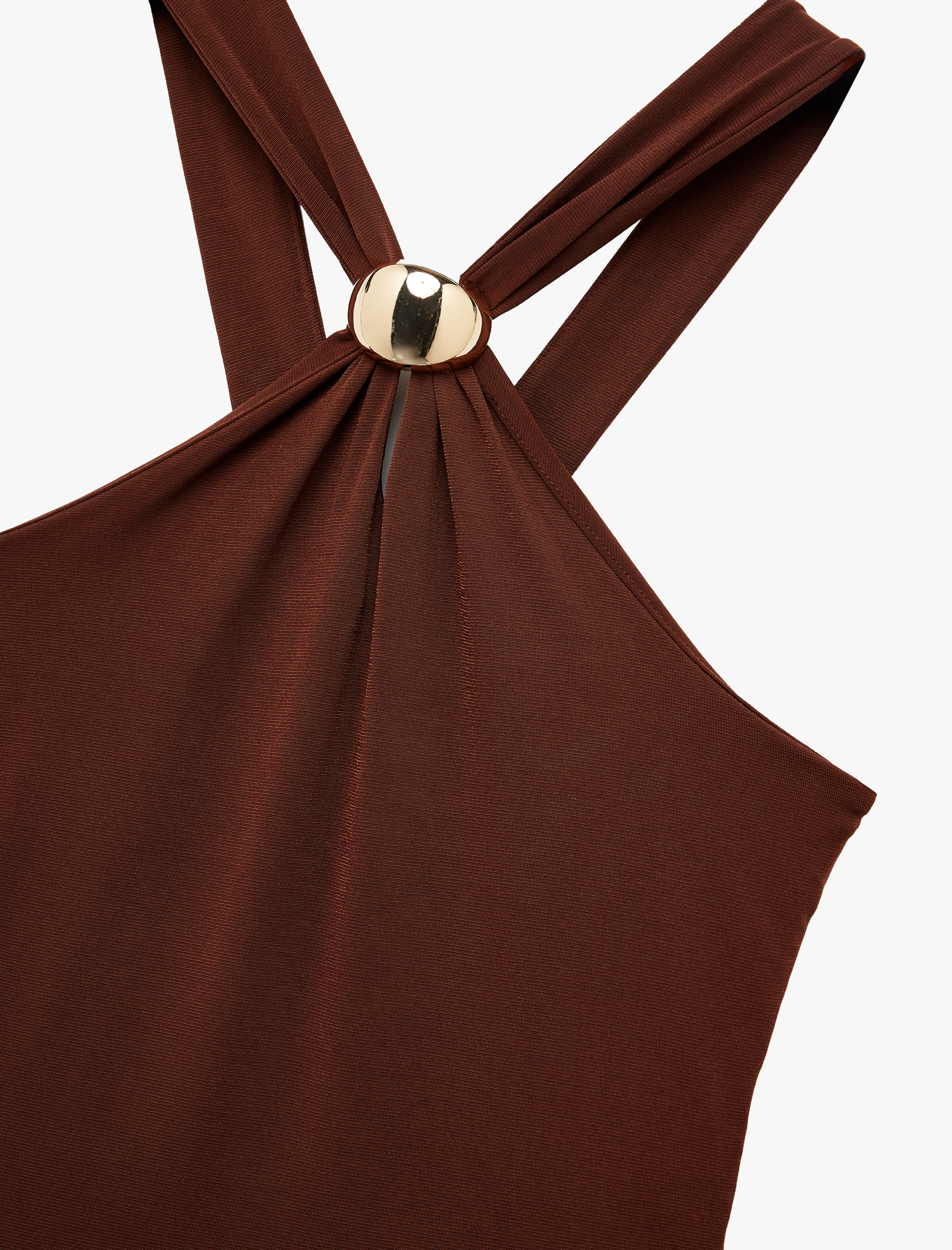 Metal Aksesuarlı Boyundan Çapraz Askılı Kolsuz Çıtçıtlı Body