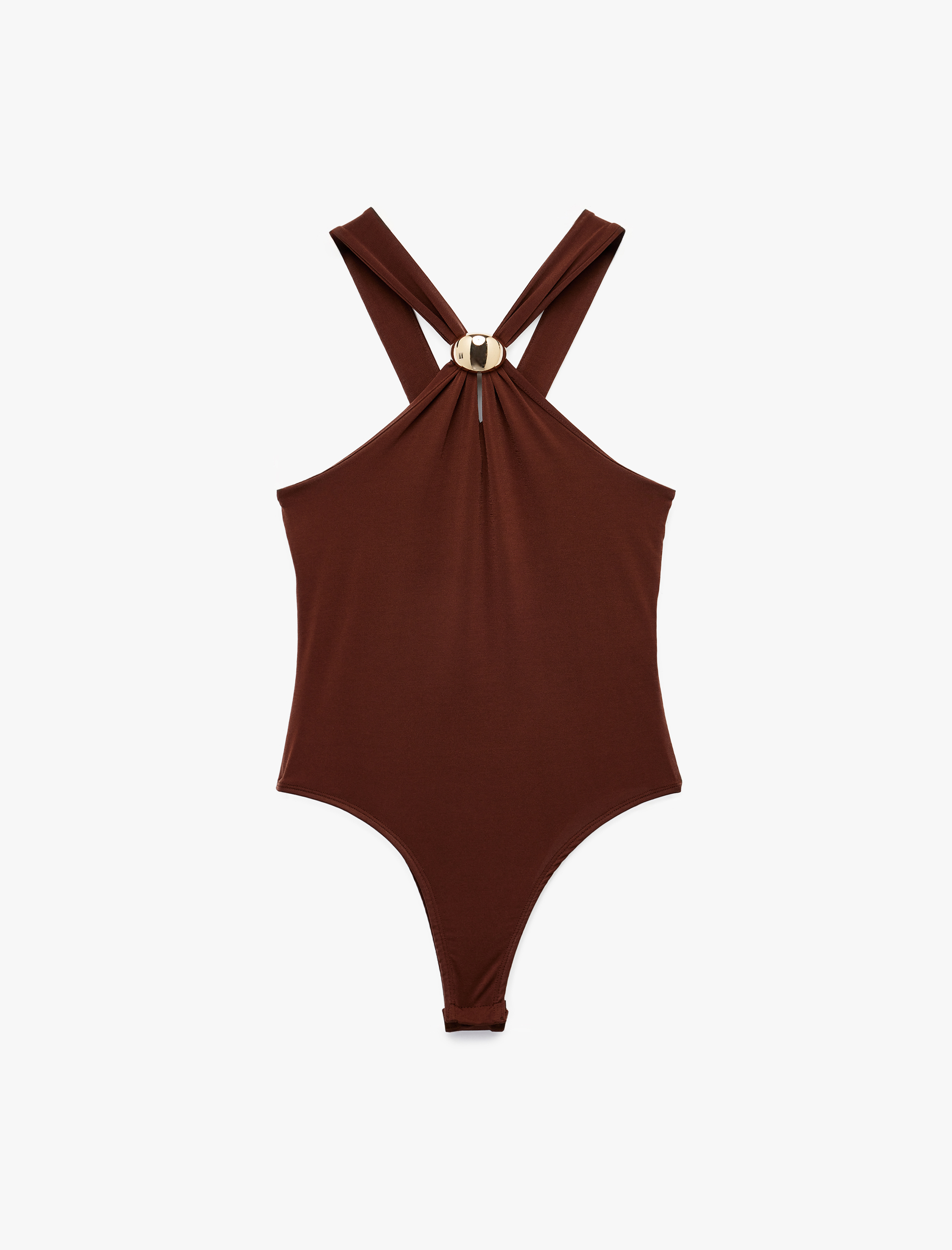 Metal Aksesuarlı Boyundan Çapraz Askılı Kolsuz Çıtçıtlı Body