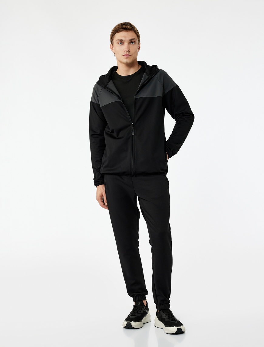   Renk Bloklu Fermuarlı Uzun Kollu Kapüşonlu Spor Sweatshirt