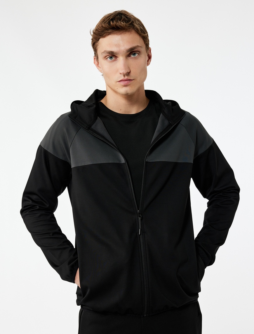   Renk Bloklu Fermuarlı Uzun Kollu Kapüşonlu Spor Sweatshirt