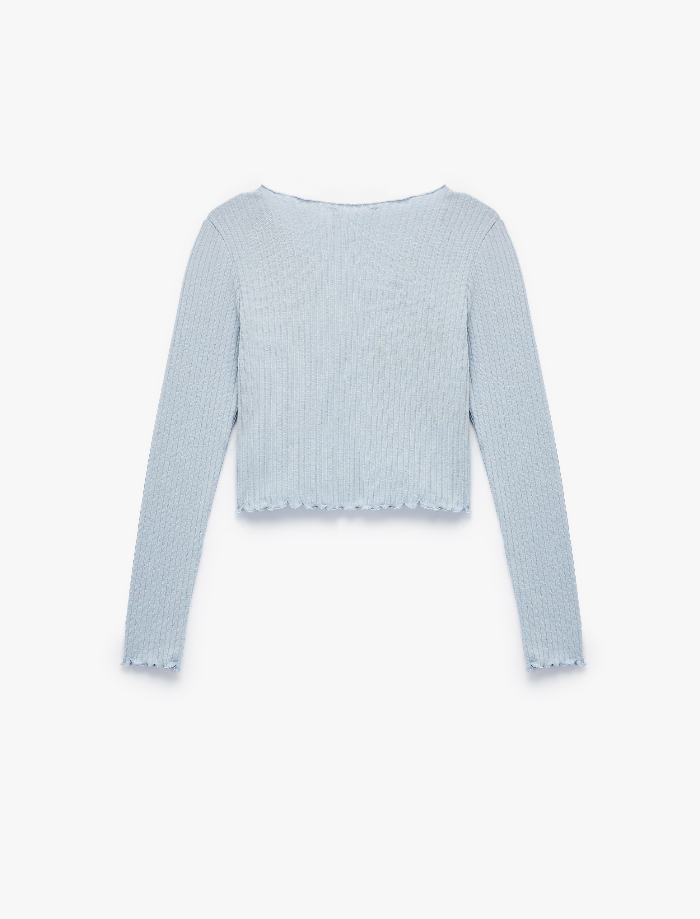   V Yaka Düğmeli Fırfırlı Kaşkorse Viskon Karışımlı Uzun Kollu Tişört