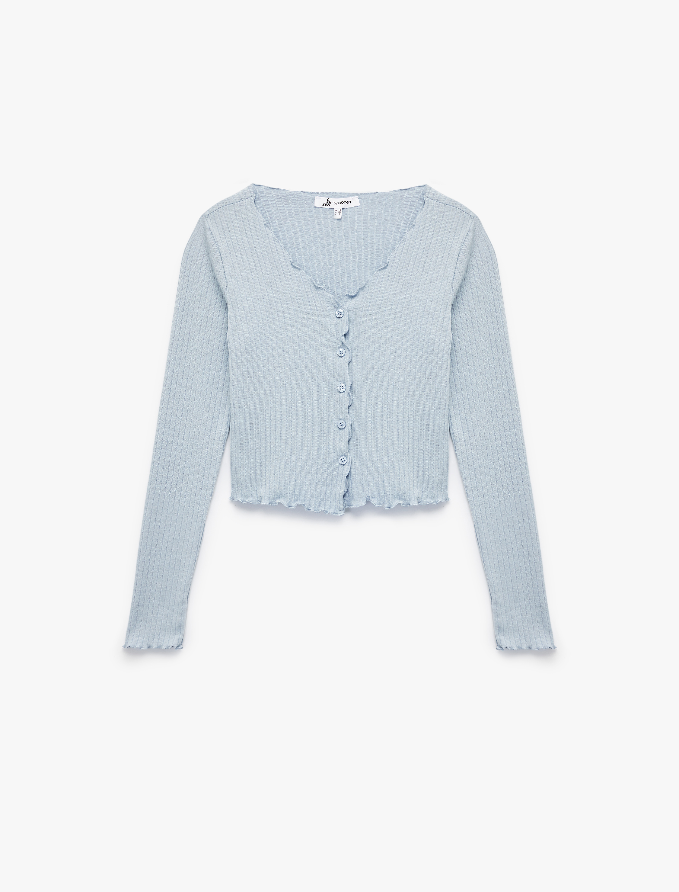   V Yaka Düğmeli Fırfırlı Kaşkorse Viskon Karışımlı Uzun Kollu Tişört