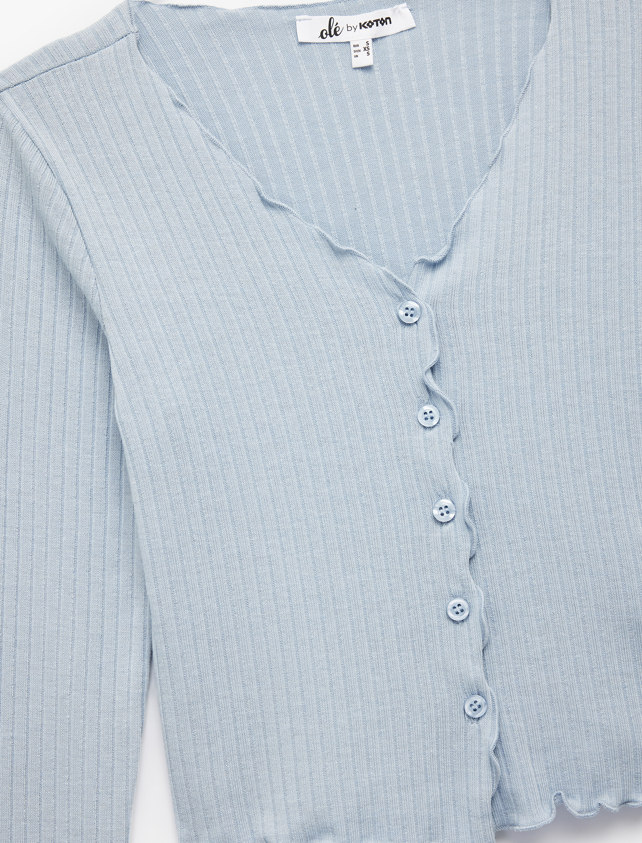   V Yaka Düğmeli Fırfırlı Kaşkorse Viskon Karışımlı Uzun Kollu Tişört