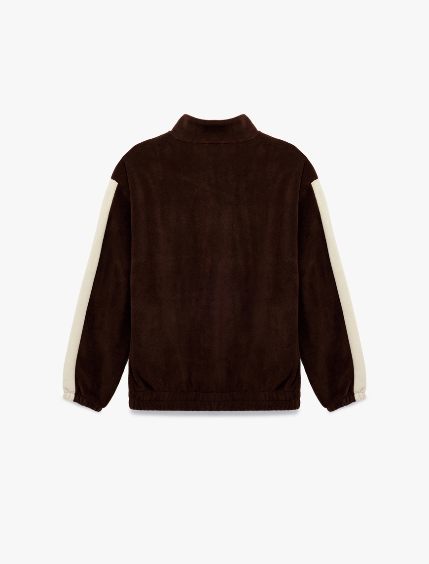   Nakışlı Uzun Kollu Renk Bloklu Yarım Fermuarlı Polar Sweatshirt
