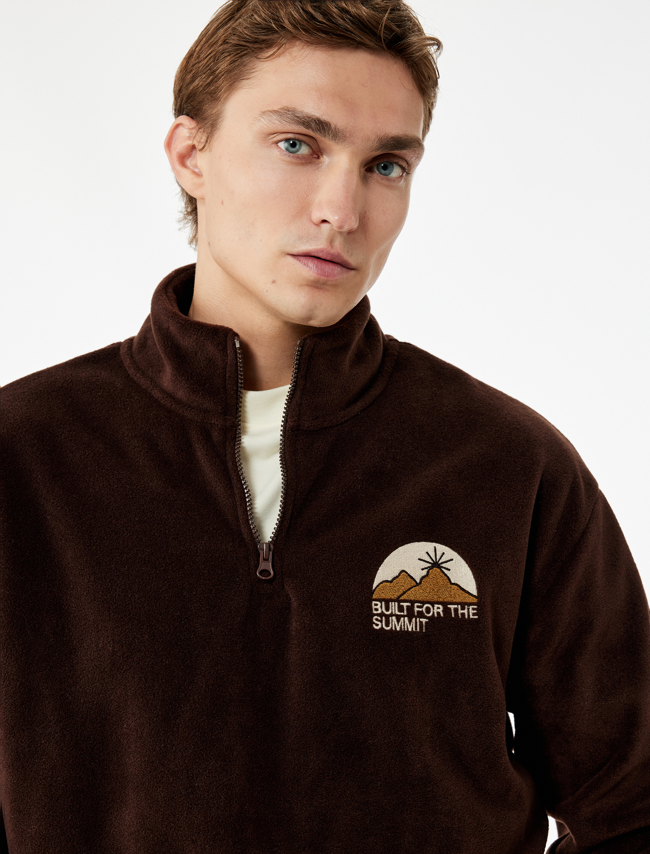   Nakışlı Uzun Kollu Renk Bloklu Yarım Fermuarlı Polar Sweatshirt