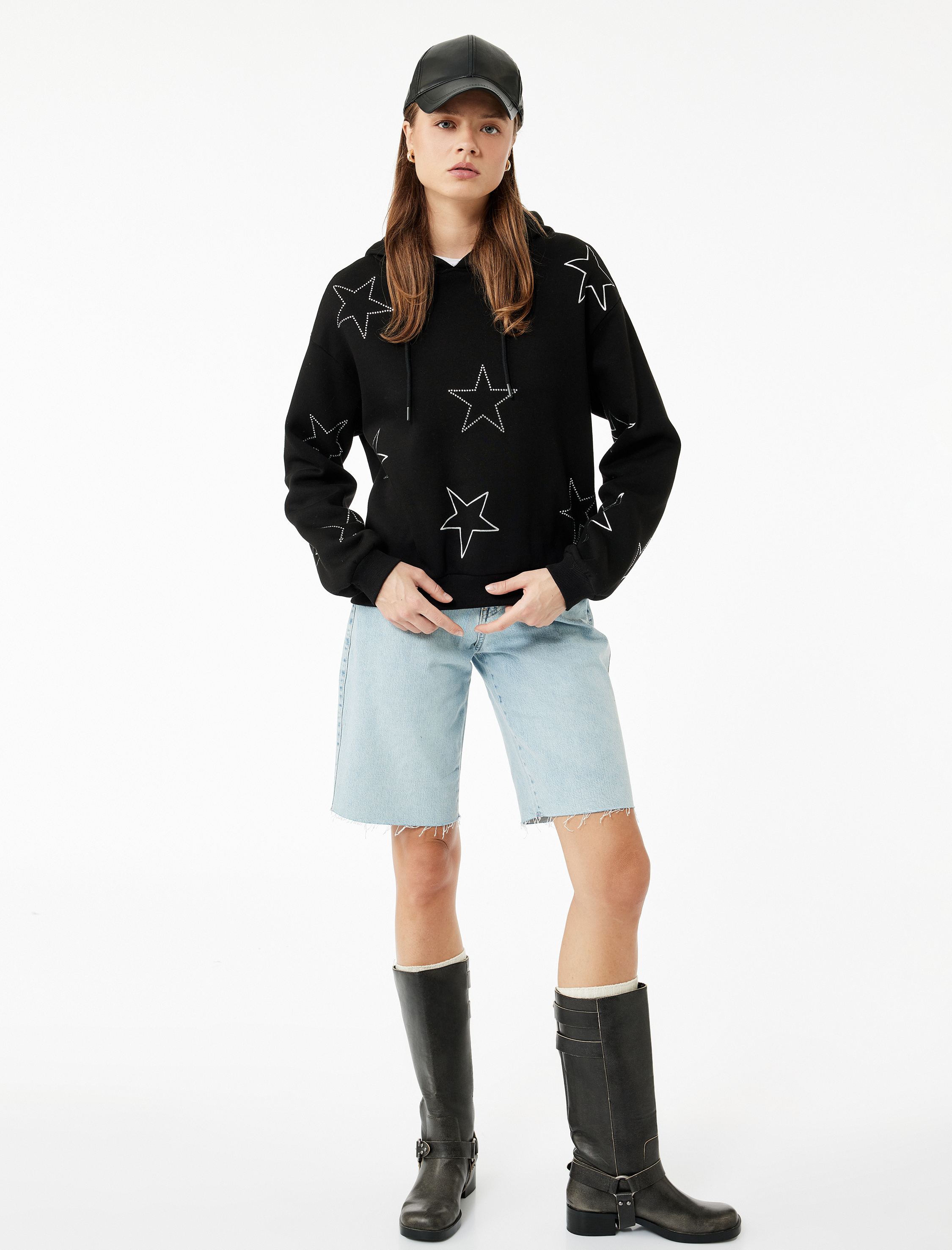   Şardonlu Uzun Kollu Kapüşonlu Oversize Taşlı Sweatshirt