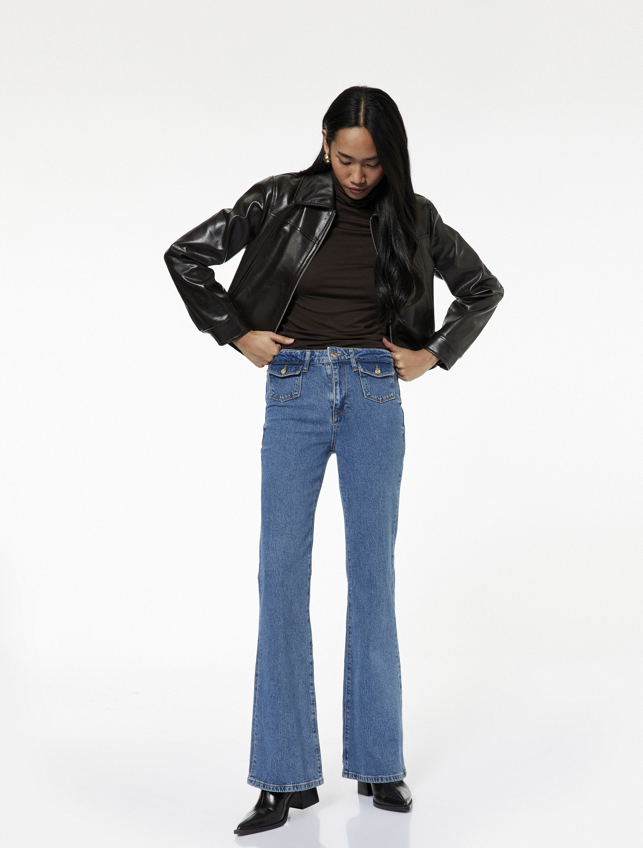   Yüksek Bel Düğmeli Cepli Dar Kalıp İspanyol Paça Jean Pantolon - Flare Jeans