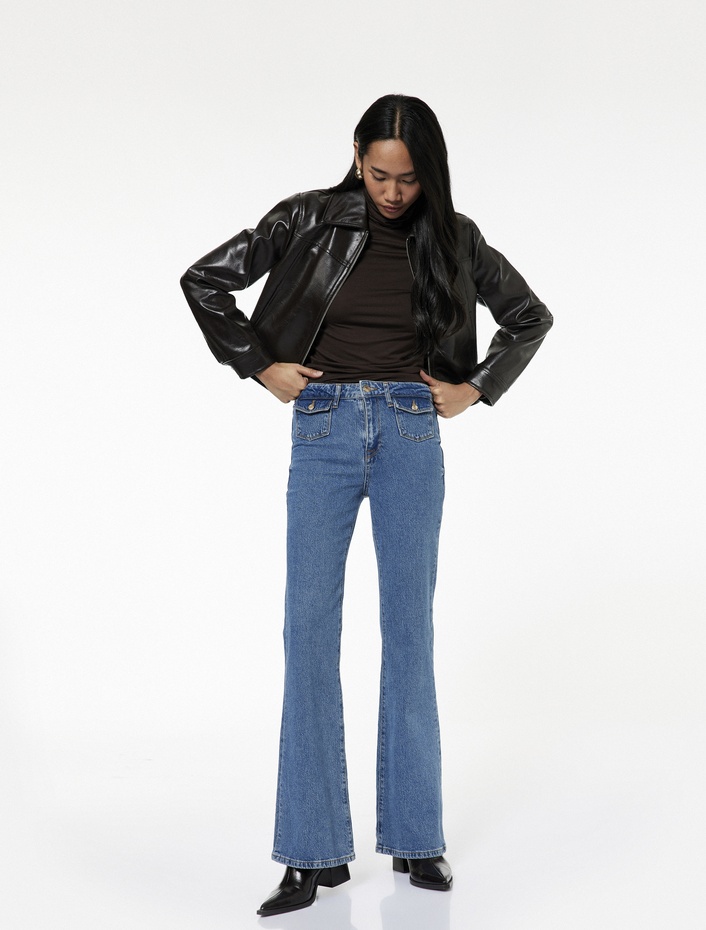  Yüksek Bel Düğmeli Cepli Dar Kalıp İspanyol Paça Jean Pantolon - Flare Jeans