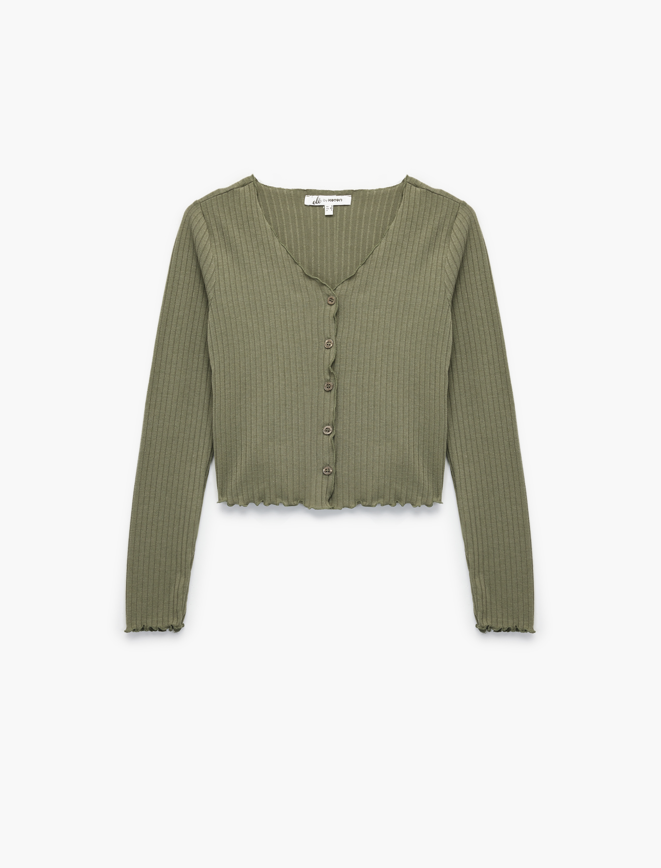   V Yaka Düğmeli Fırfırlı Kaşkorse Viskon Karışımlı Uzun Kollu Tişört