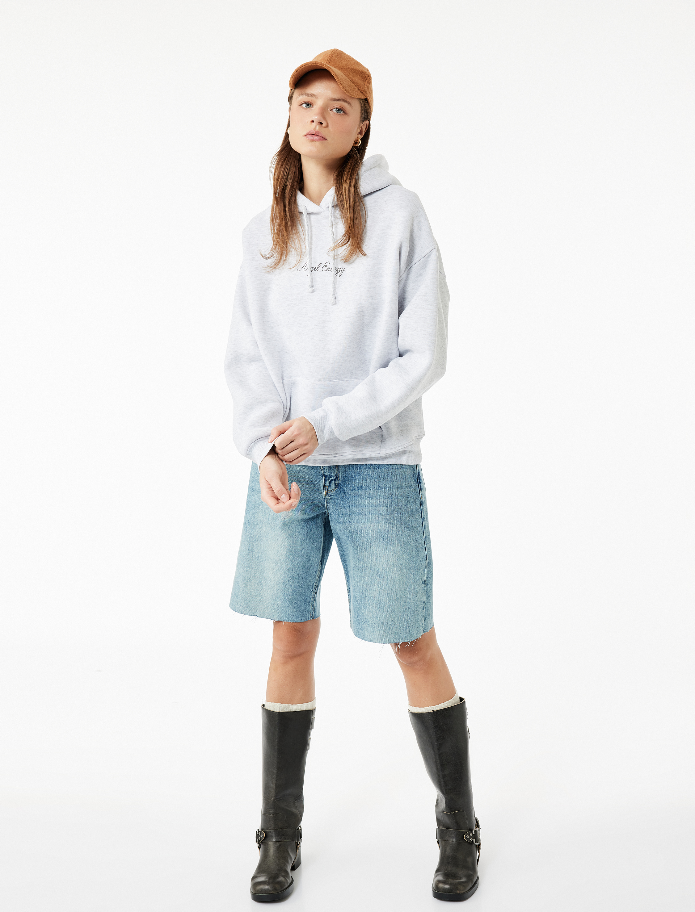   Şardonlu Kapüşonlu Kanguru Cepli Arkası Baskılı Oversize Sweatshirt