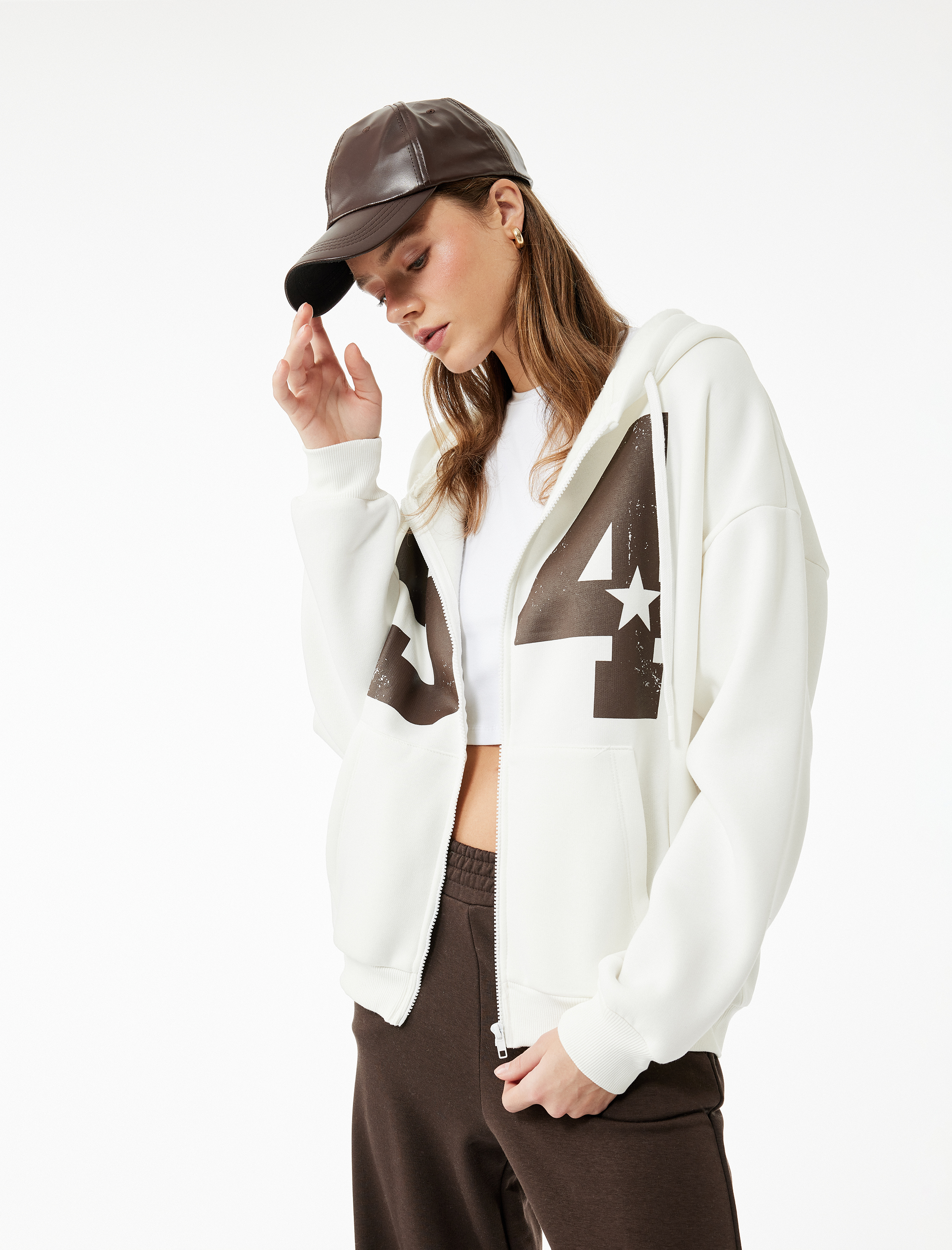   Şardonlu Kapüşonlu Baskılı Kanguru Cepli Oversize Fermuarlı Sweatshirt