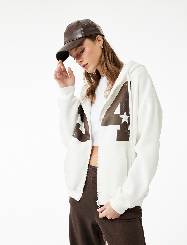  Şardonlu Kapüşonlu Baskılı Kanguru Cepli Oversize Fermuarlı Sweatshirt