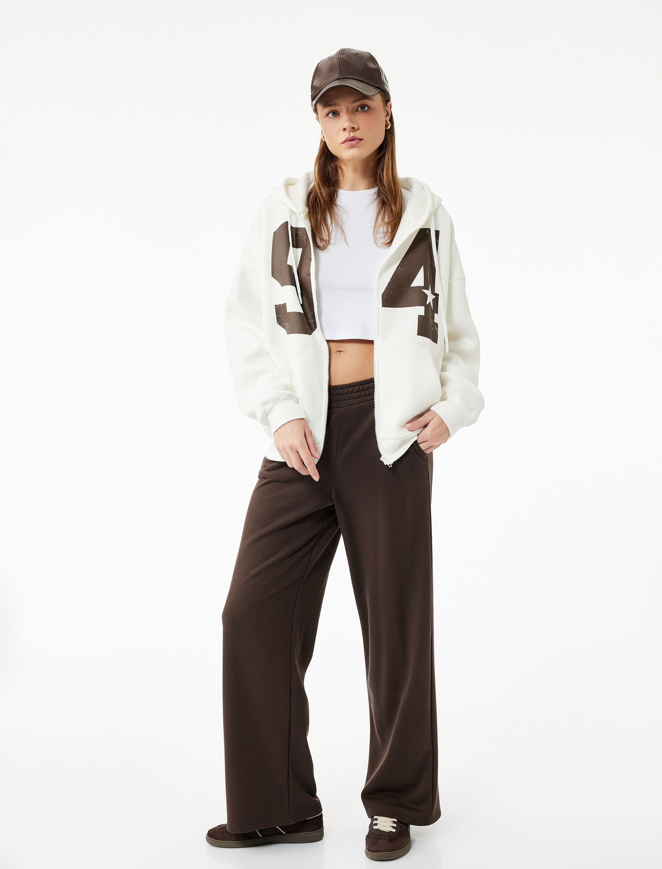   Şardonlu Kapüşonlu Baskılı Kanguru Cepli Oversize Fermuarlı Sweatshirt