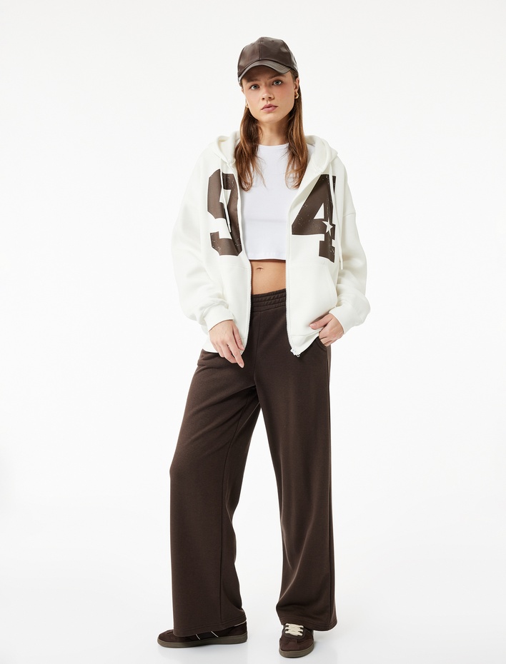  Şardonlu Kapüşonlu Baskılı Kanguru Cepli Oversize Fermuarlı Sweatshirt